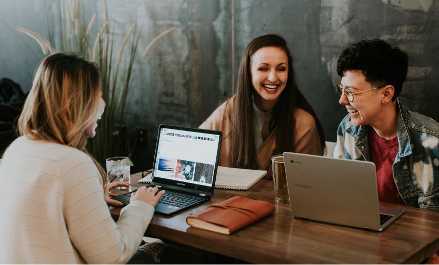 Three people are discussing